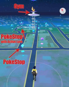 PokeStops and a Gym in Pokemon Go